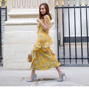 Three Floor Yellow Floral Ruffle Dress Midi Maxi Party Summer Spring Easter 0